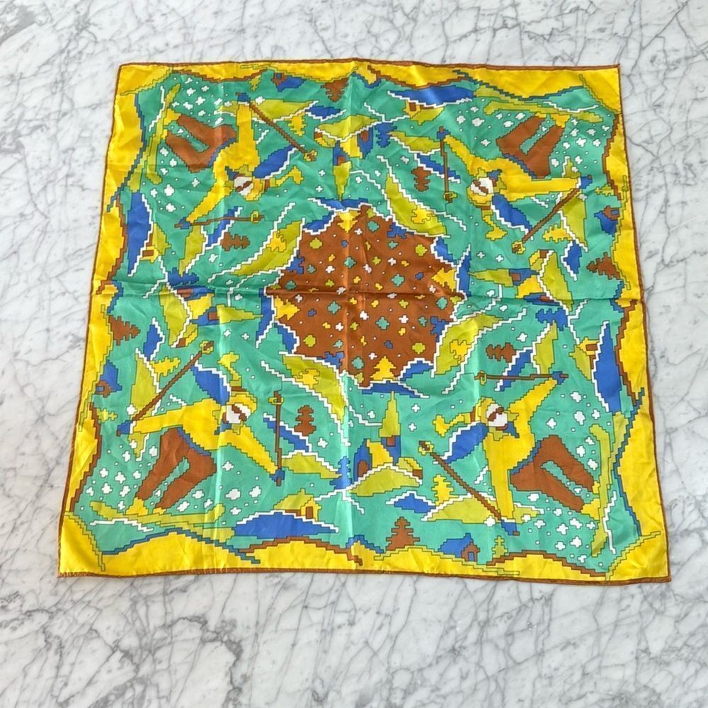Vintage Ski Pixelated bandana skiing scarf 90’s Brown Yellow 27x27